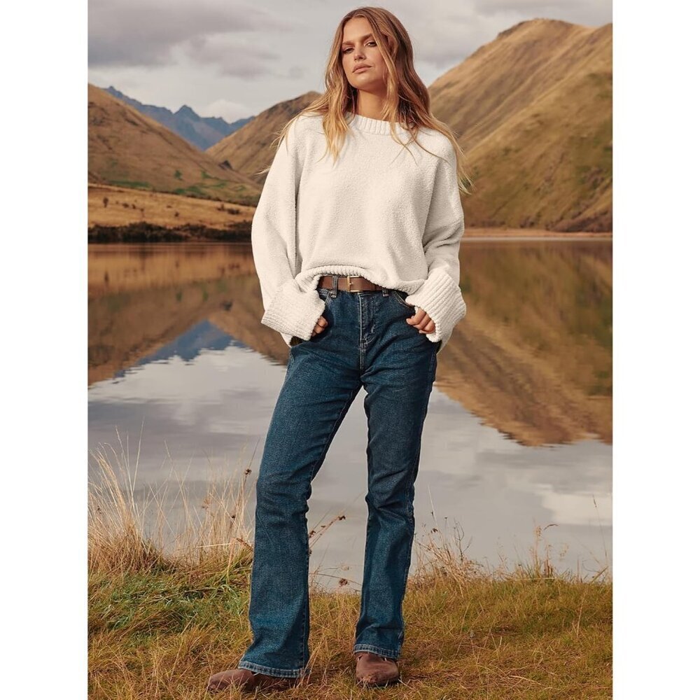 Women's Almond - Parchment Oversized  Long Sleeve Casual  Fuzzy Knit Sweaters - Picture 7 of 9